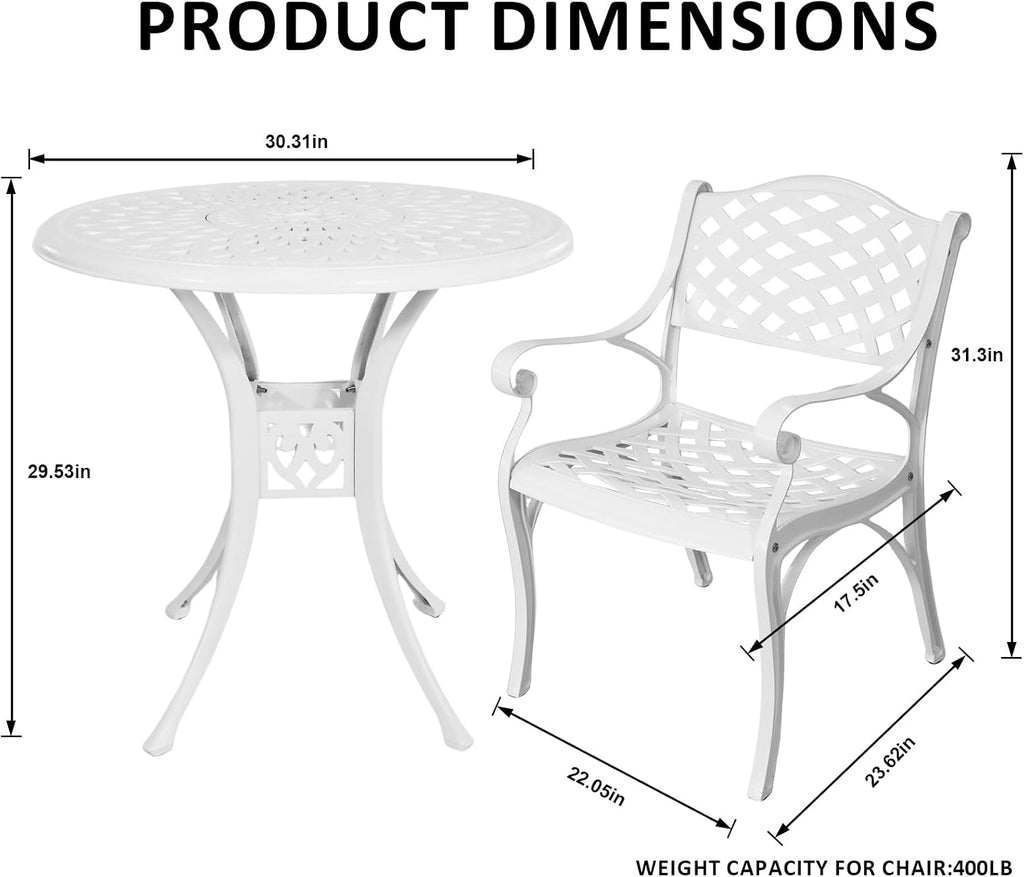 3 Piece Outdoor Dining Set,Cast Aluminum Bistro Set with Umbrella Hole, All Weather Patio Furniture Set, Small Patio Dining Set for Garden/Balcony/Deck, White