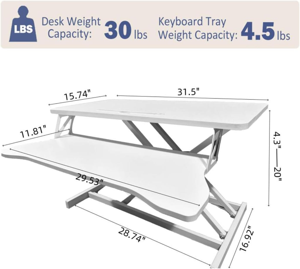 32' Height Adjustable Standing Desk Sit To Stand Converter with Wide Keyboard Tray for Home Office, Stand Up Desk Dual Monitor Riser Workstation with Spacious Tabletop for Laptops/Small Space (White)