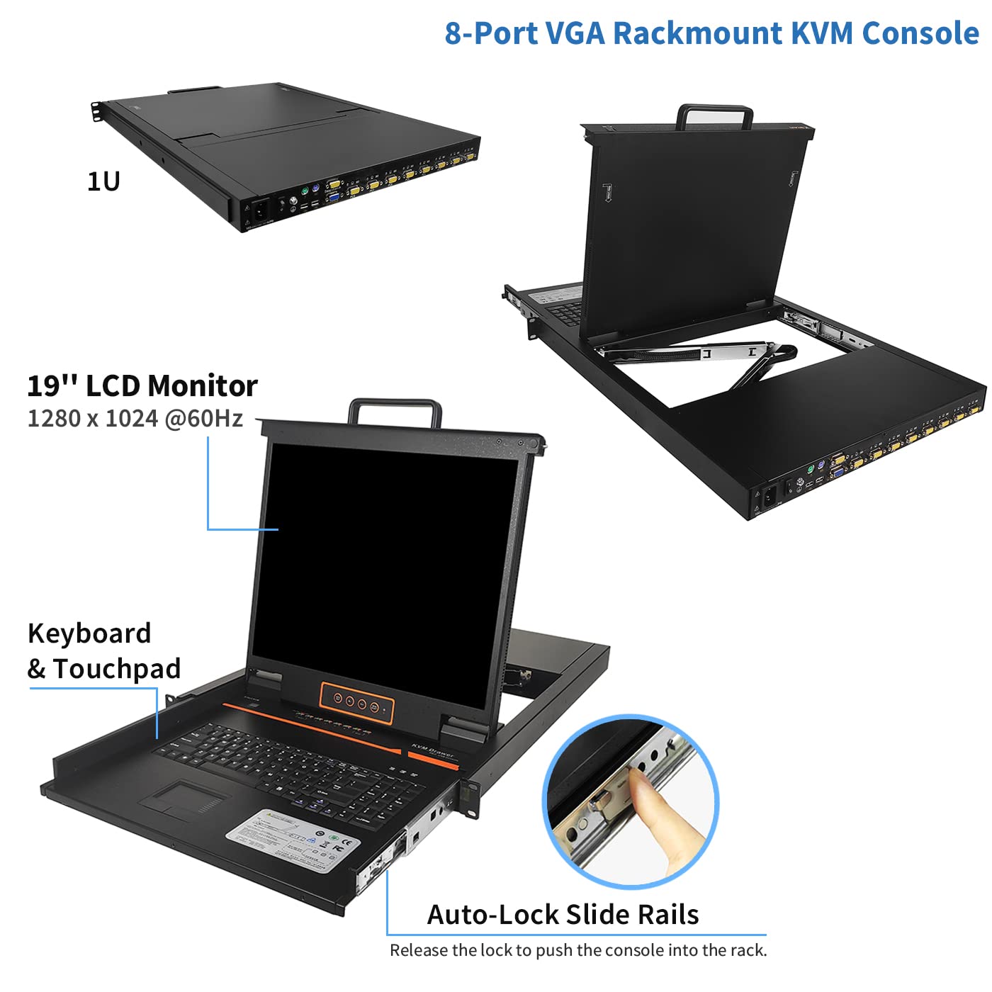 1U Rack Mount KVM Console Built-in 8 Port VGA KVM Switch, 19' Rackmount Monitor Keyboard Touchpad, OSD/Hotkey/Button Switch,1280X1024@60Hz 5:4 Ratio, Incl. Cables,Compatible with Windows,Linux,Mac,Sun