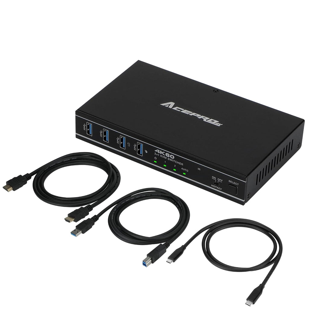 2x1 HDMI/USB-C 4K60Hz KVM Switch with PD Pass-Through - Selector for 2 Computers Sharing 4K Monitor Keyboard Mouse - Includes Cables to Connect Host Devices - Supports 100W Fast Charging