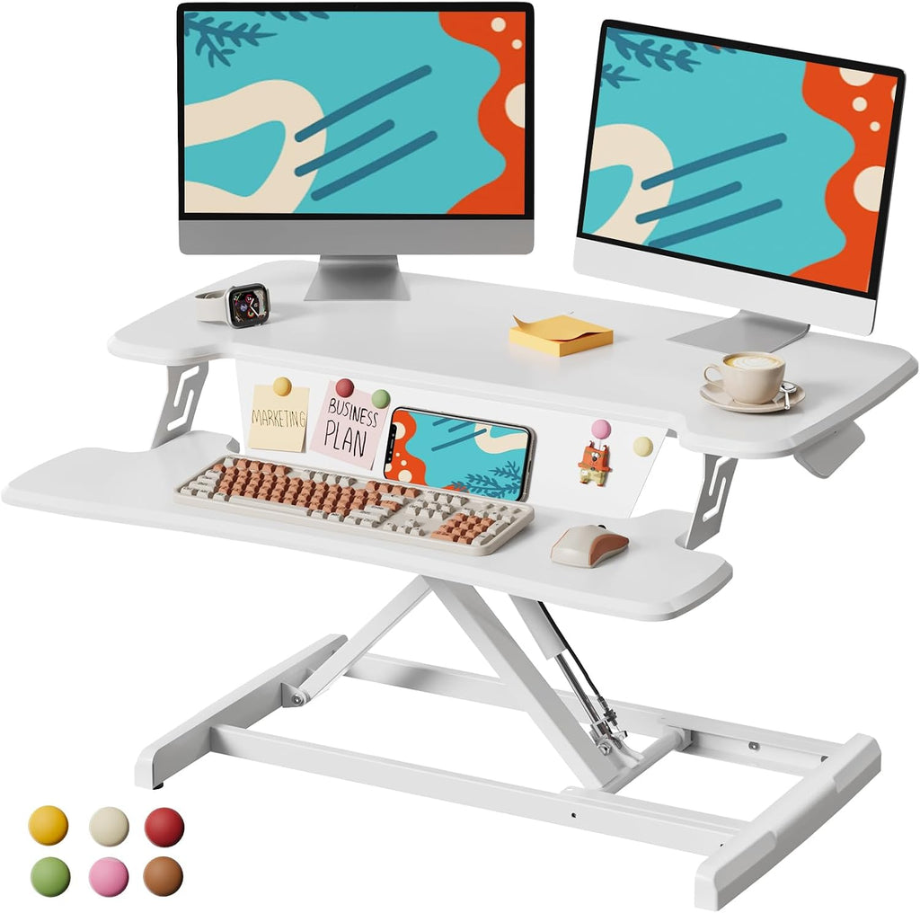 JOY worker Standing Desk Converter, 32' Height Adjustable Sit Stand Up Desk Riser with Keyboard Tray & 6 Fridge Magnets, Desktop Workstation Riser for Home Office Computer Laptop, White