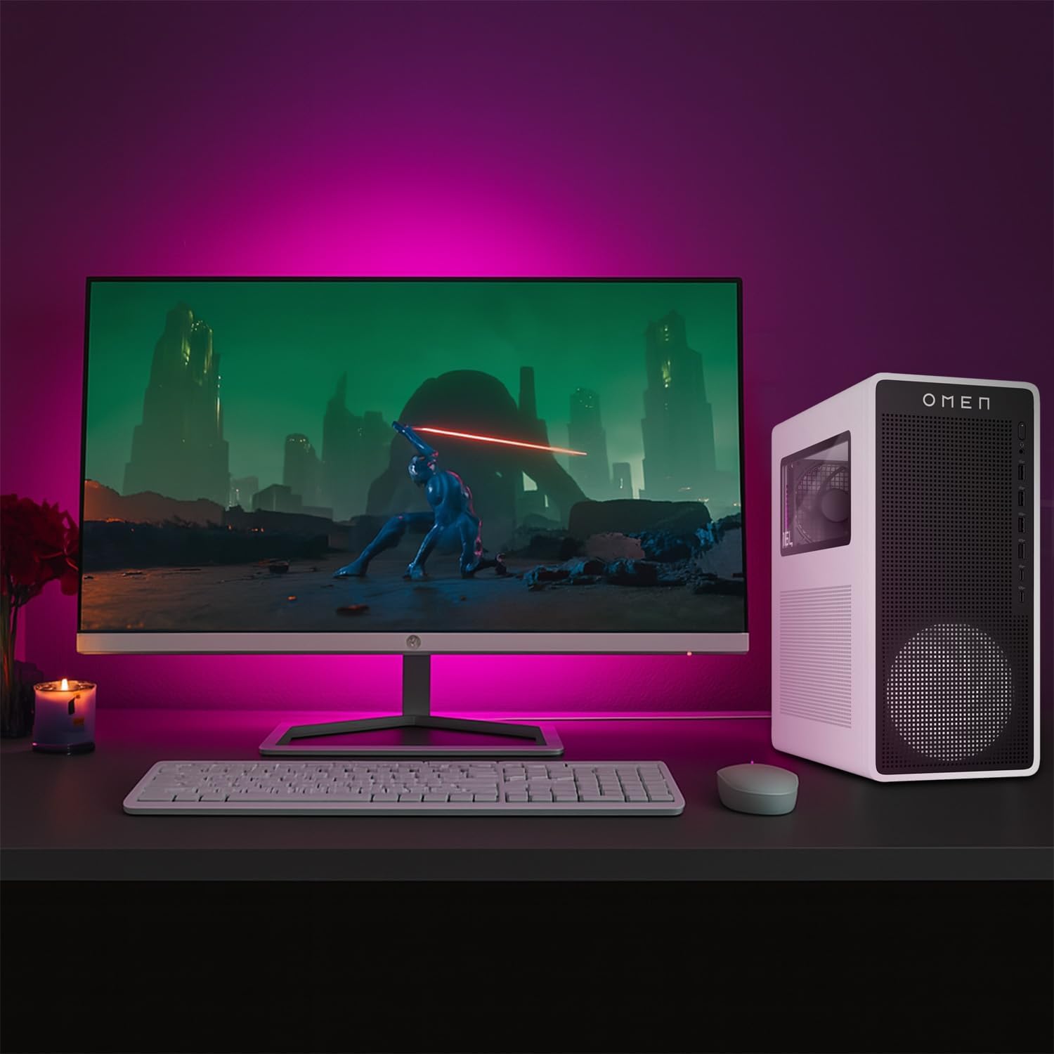 HP OMEN 16L TG03 Gaming Desktop, Intel Ultra 7 265F, NVIDIA RTX 5060, 64GB DDR5 RAM, 2TB SSD, AI-Ready Workstation PC for Gaming & Music Production, Bundle with Thunderobot Keyboard