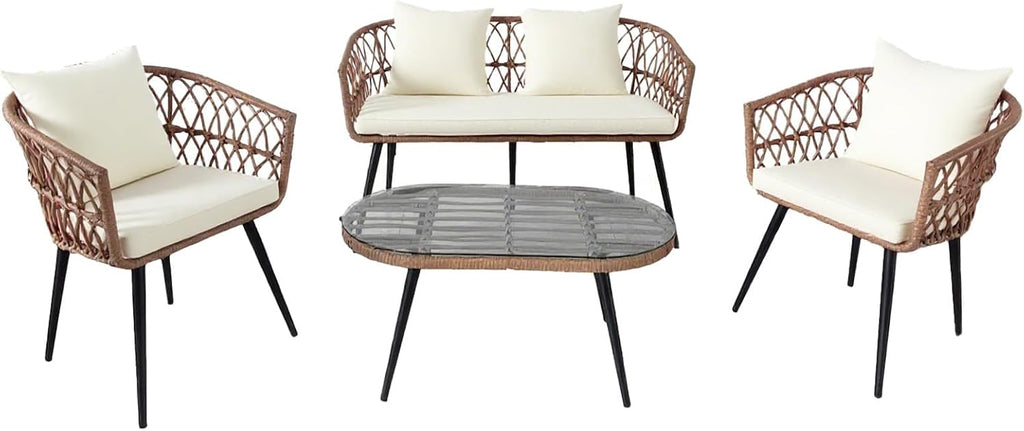 4 Piece Patio Furniture Set,Outdoor Conversation Set with Wicker Sofa, 2 Rattan Chairs and Glass Table, Patio Bistro Set with All Weather Cushions, for Garden, Porch, Backyard (Beige)