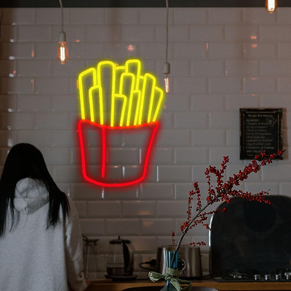 French Fries Neon Sign 30 inches Led Light Signs Dimmable Business Fries Neon Signs for Wall Decor Neon Light Up Sign for Restaurant Shop Unique Business Fast Food Shop Bar Birthday Decor