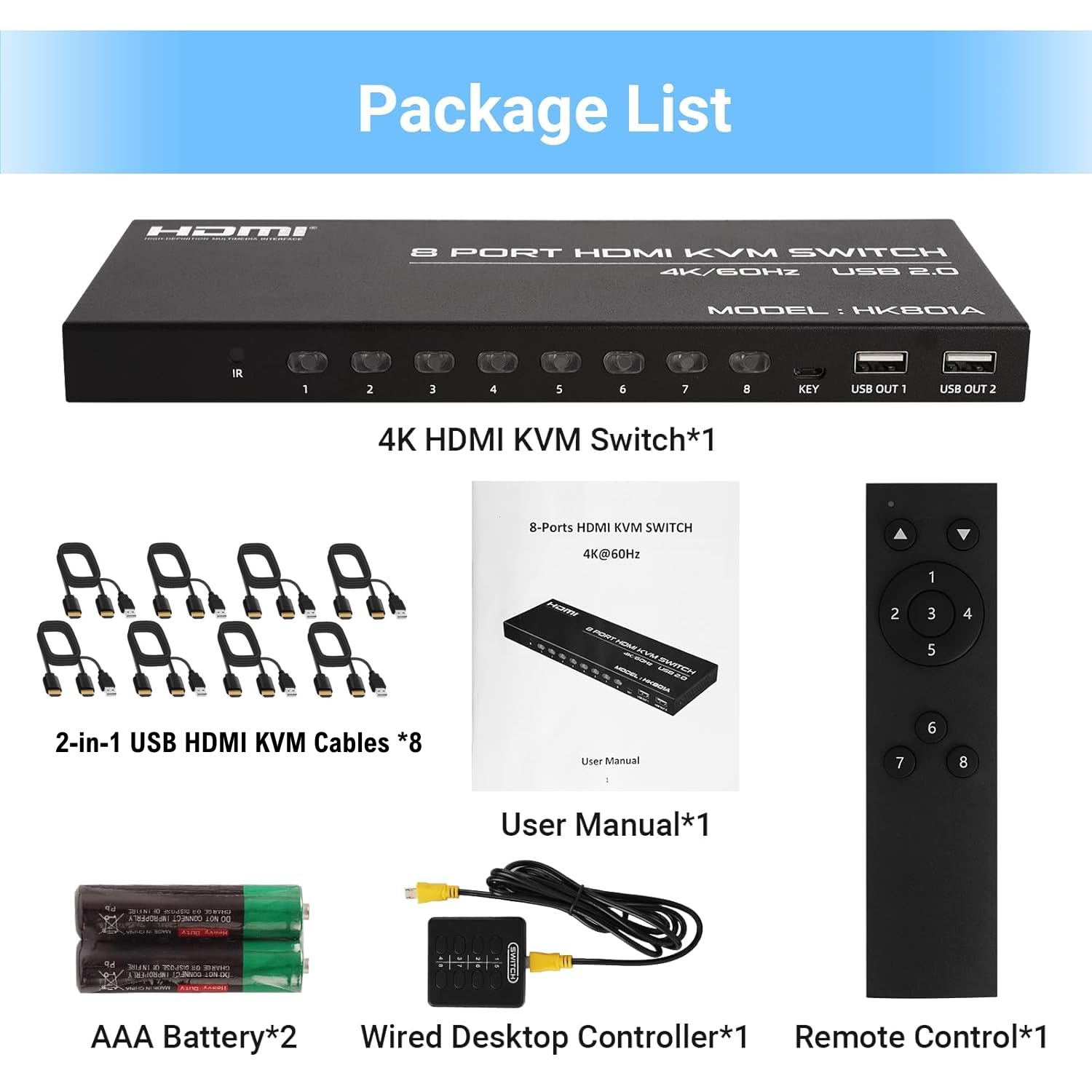 8 Port HDMI KVM Switch, 4K@60Hz 8 in 1 Out HDMI KVM Switch for 8 Computers Share 1 HD Monitor and 4 USB Devices, Including 8 HDMI Cables and Remote Control