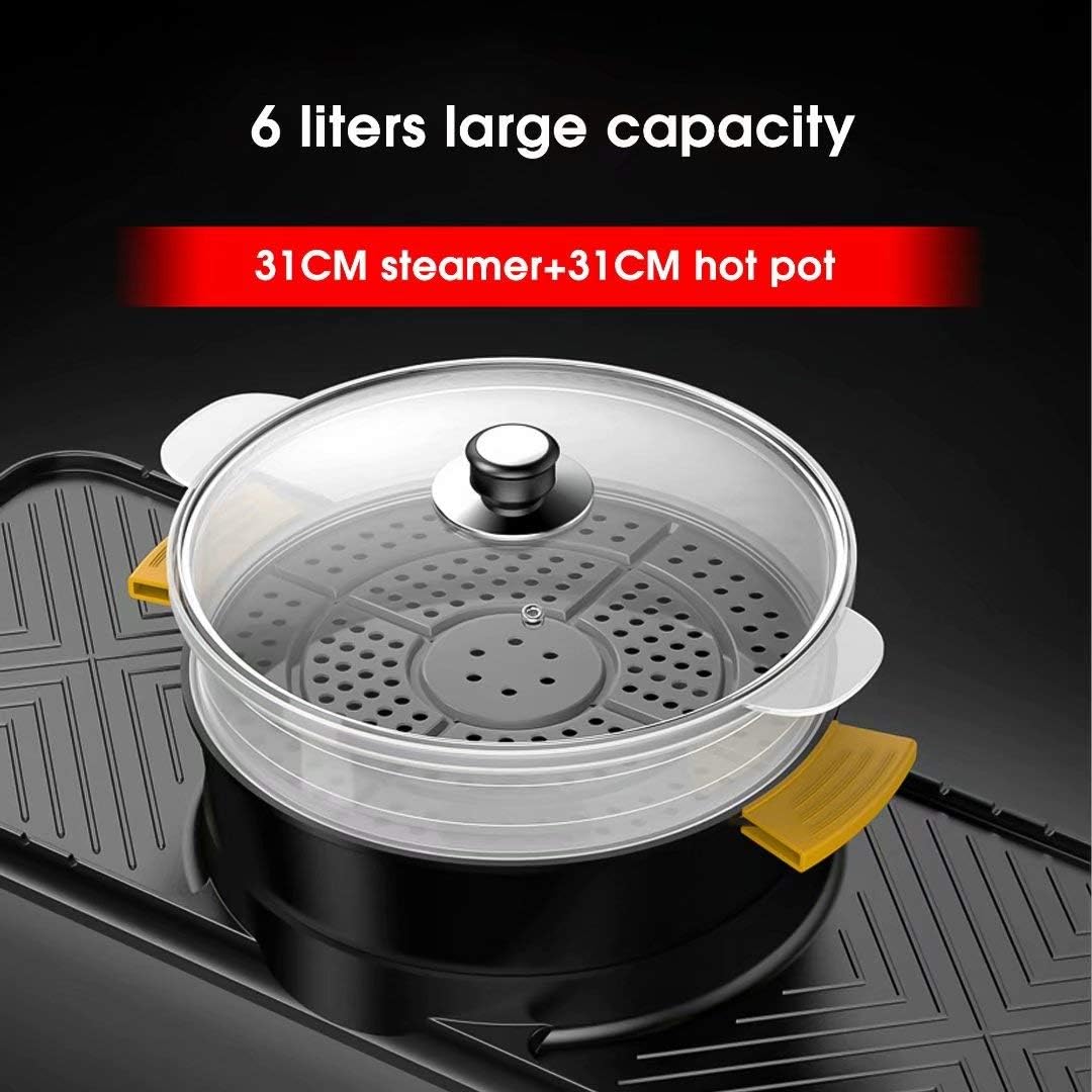 Portable Electric Grill, Electric Barbecue Grill Indoor Hot Pot Chafing Dish, Large Capacity Household Multifunctional Non-Stick Pan Electric Cooker with 5 Temperature adjustments