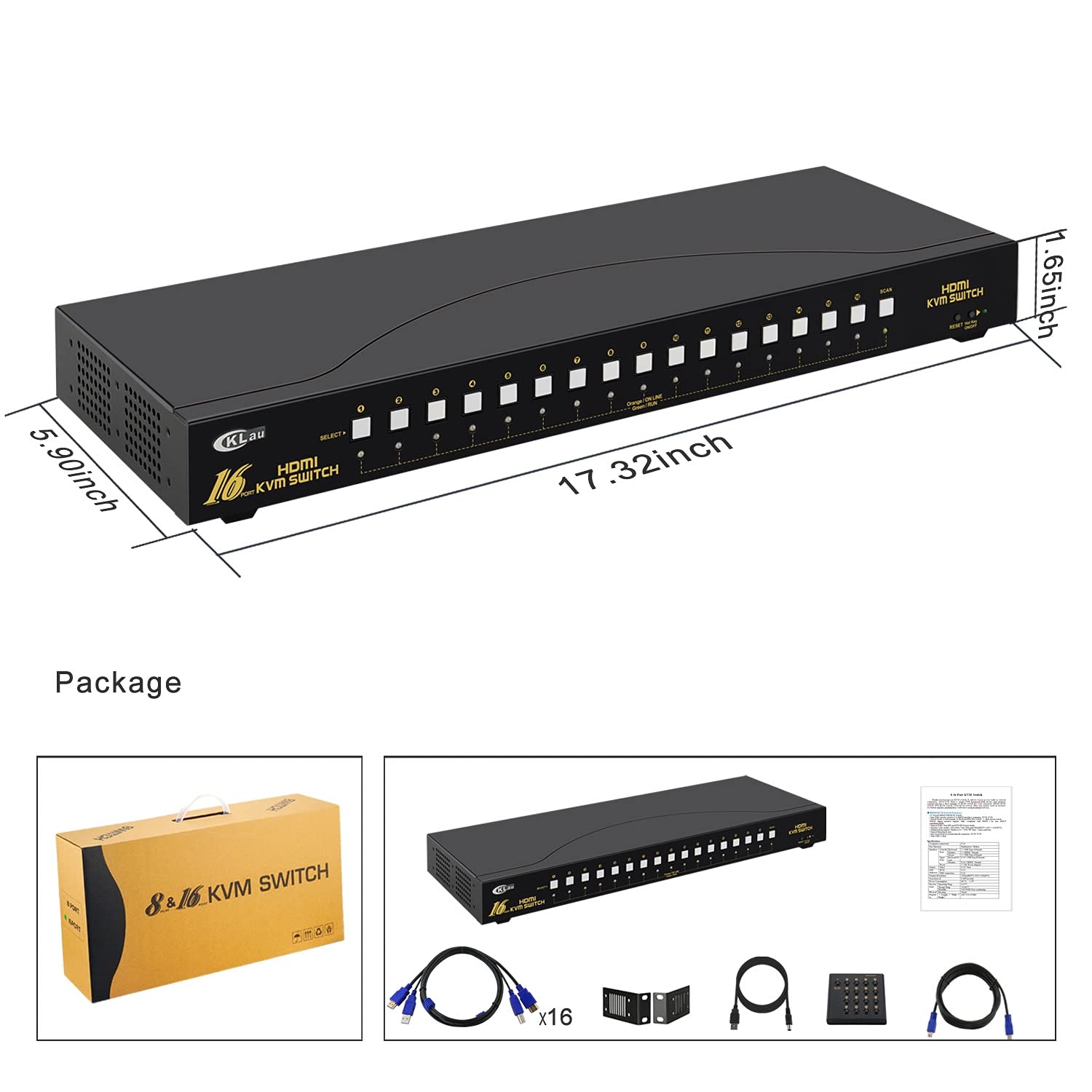 4Kx2K HDMI KVM Switch 16 Port with Cables, Rack Mount KVM Switch Support HDCP, EDID for Windows, Linux, Mac, Debian, Ubuntu, Fedora, Raspberry Pi and Ubuntu