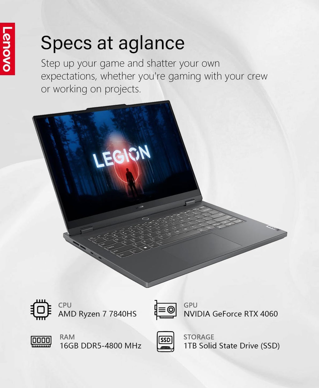 Lenovo Legion Slim 5 14.5' 120Hz WQXGA+ IPS Gaming Laptop, AMD Ryzen 7 7840HS(8-core), NVIDIA GeForce RTX 4060, 16GB RAM, 1TB SSD, Wi-Fi 6, White Backlit, Win11, Storm Gray, W/GaLiMu