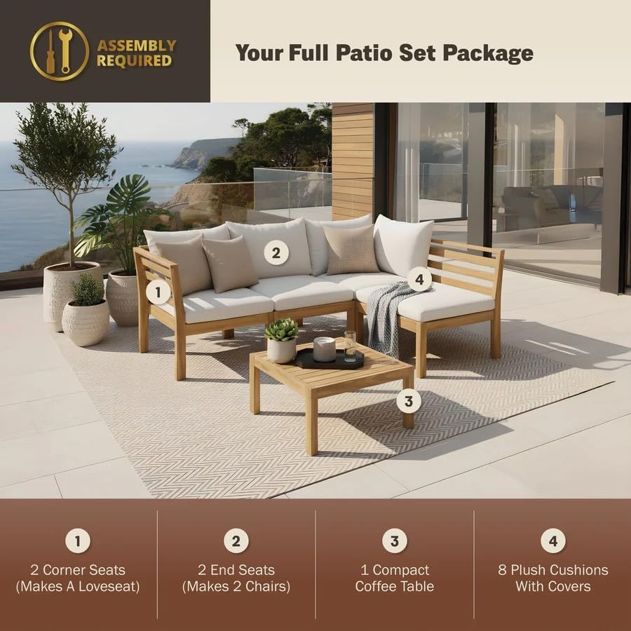 5-Piece Acacia Wood Outdoor Furniture Set, All-Weather Conversational Chat Set with Thick Water-Resistant Cushions, Modern Space-Saving Patio Sofa for Small Balcony, Deck & Backyard, Natural