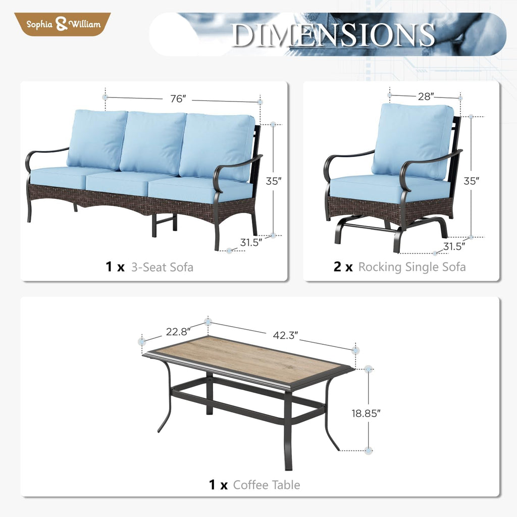 Sophia & William Patio Furniture Set, 4 Piece Metal Outdoor Conversation Set with 3-Seater Outdoor Couch, 2 Sofa Chairs, 1 Coffee Table for Outdoor Seating, Backyard, Porch(Blue)