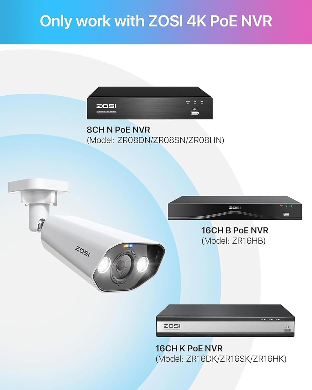 ZOSI 4PK 4K 8MP PoE Security IP Camera with Ethernet Cables Bullet PoE Camera Outdoor with Starlight Night Vision,Motion Detection,Smart Light Alarm,IP66 Weatherproof, Only Work with ZOSI 4K PoE NVR