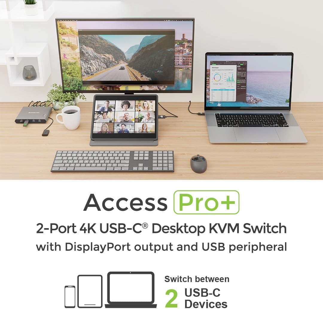 IOGEAR 2-Port 4K USB-C Desktop KVM with DISPLAYPORT Output and USB Peripheral