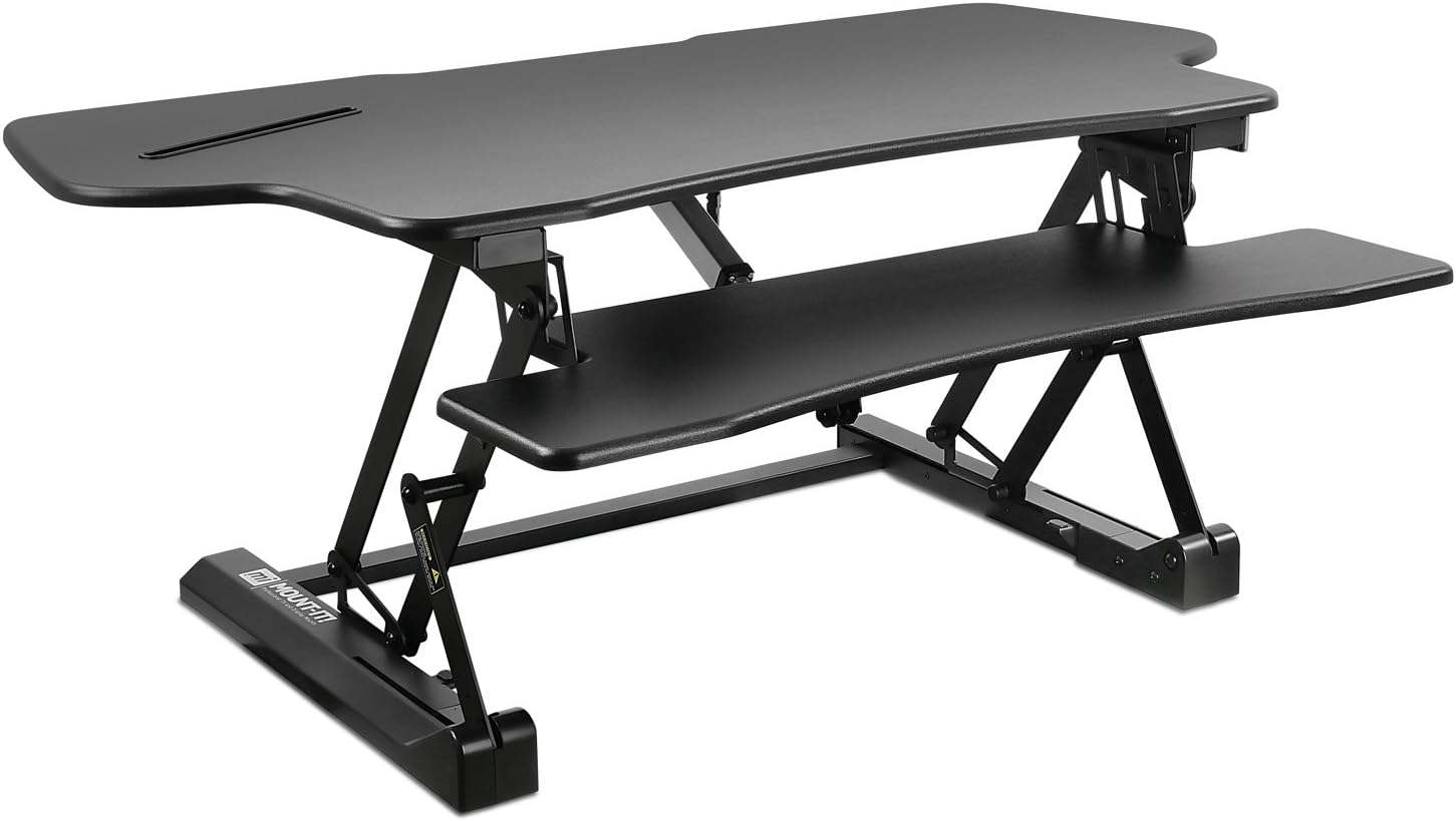 Mount-It! 48.5' Electric Standing Desk Converter for Dual Monitors, Motorized Sit Stand Electric Desk Riser with USB Port & Device Slot, Keyboard Tray, Adjustable Height Ergonomic Workstation, Black