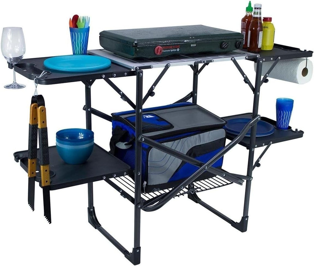 GCI OUTDOOR Slim-Fold Cook Station | Portable Folding Kitchen Table with a Heat Resistant Tabletop, 4 Side Tables & Storage Rack, Perfect for Picnics & Camping Trips