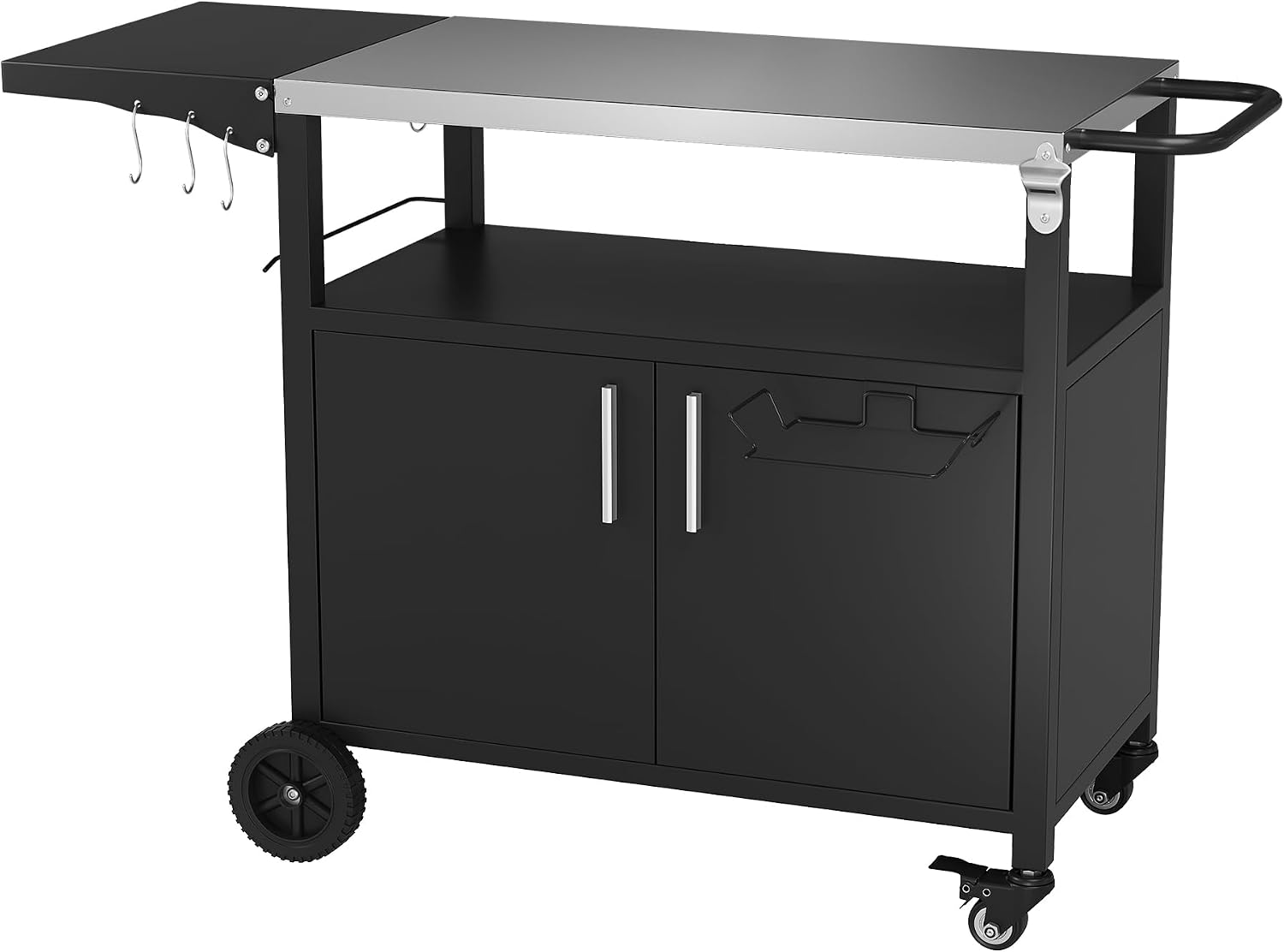Vongrasig Outdoor Grill Cart, Patio Kitchen Island with Storage, Outdoor Bar Table BBQ Cart Pizza Oven Table with Foldable Stainless Steel Top & Wheels, Black