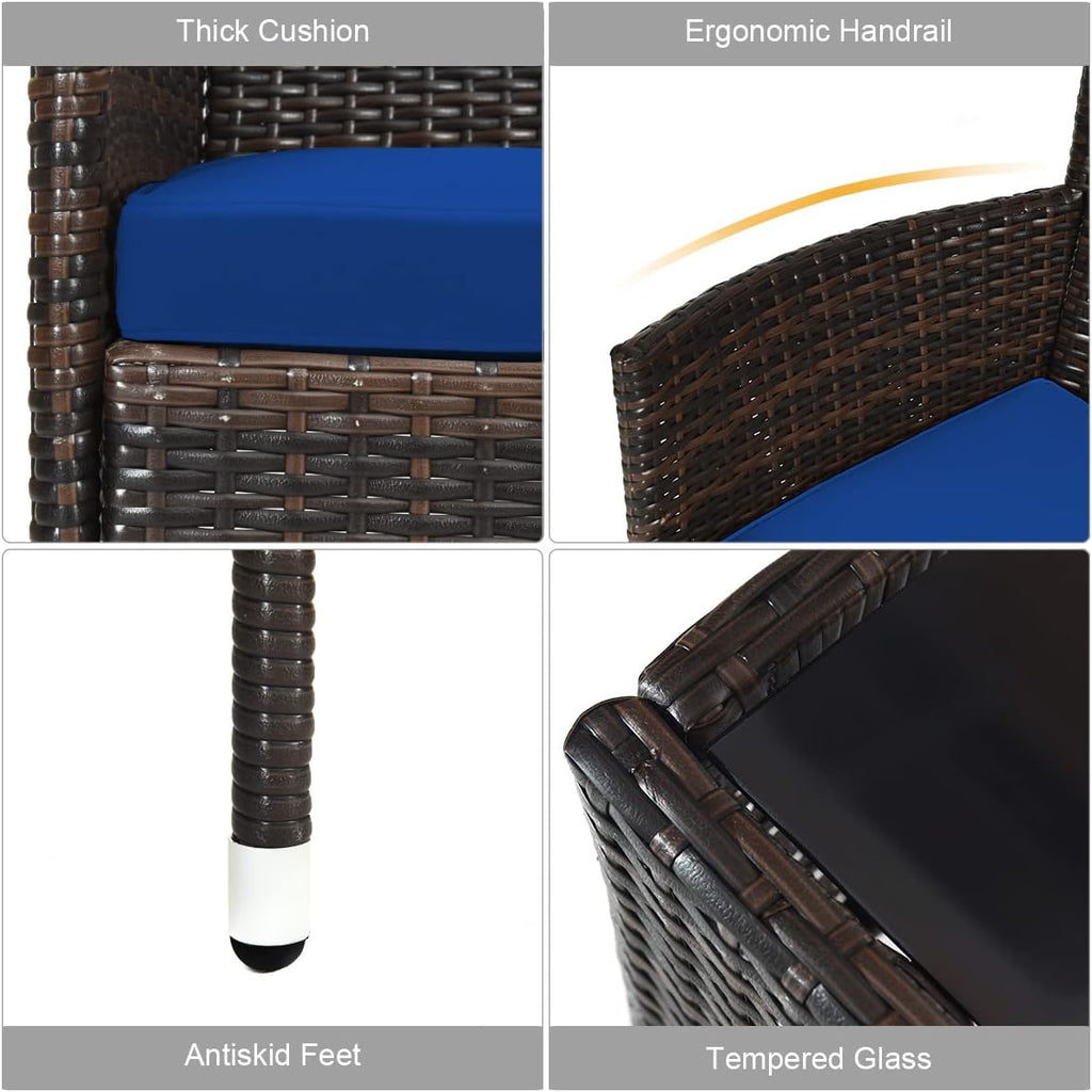 COSTWAY 8PCS Rattan Patio Furniture Set, Outdoor Wicker Rattan Chairs with Coffee Table, Rattan Cushioned Conversation Set for Backyard Balcony Porch Poolside, Navy