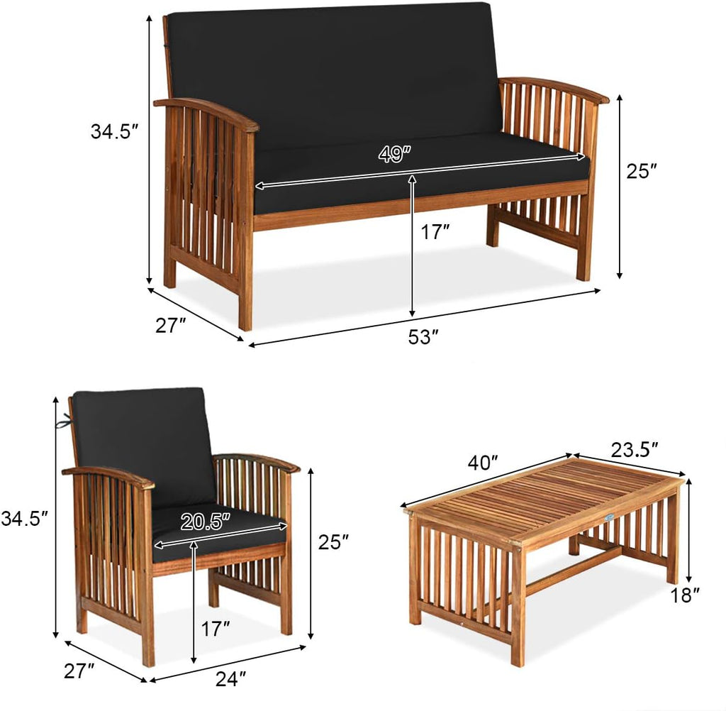 Tangkula 8 PCS Outdoor Acacia Wood Sofa Set with Water Resistant Cushions, Padded Patio Seating Chat Set w/Coffee Table for Garden, Backyard, Poolside (2, Black)