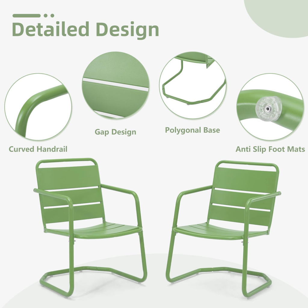 MELLCOM Patio Chairs Set of 2, Small Patio Furniture Set - 2 C-Spring Metal Chairs, Outdoor Bistro Set for Balcony, Front Porch, Poolside, Garden, Deck, Indoor, Green