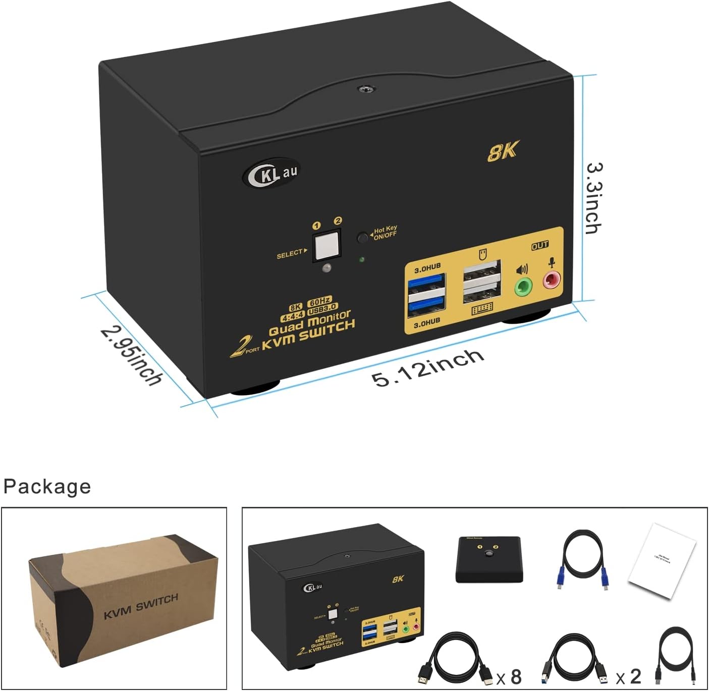 2 Port USB 3.0 Quad Monitor KVM Switch HDMI 2.1 8K@60Hz 4K@144Hz with Audio Output and All Input Cable, 2 PCs 4 Monitors Video Keyboard Mouse Peripheral Sharing Switcher