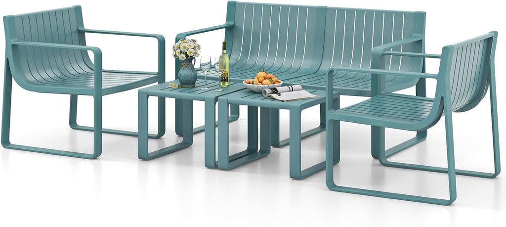 Tangkula 5-Piece Patio Furniture Set, Outdoor Conversation Set w/1 Loveseat, 2 Patio Chairs & 2 Side Tables, All-Weather Patio Bistro Set for Lawn, Backyard, Poolside, Balcony, Garden, Deck (Blue)
