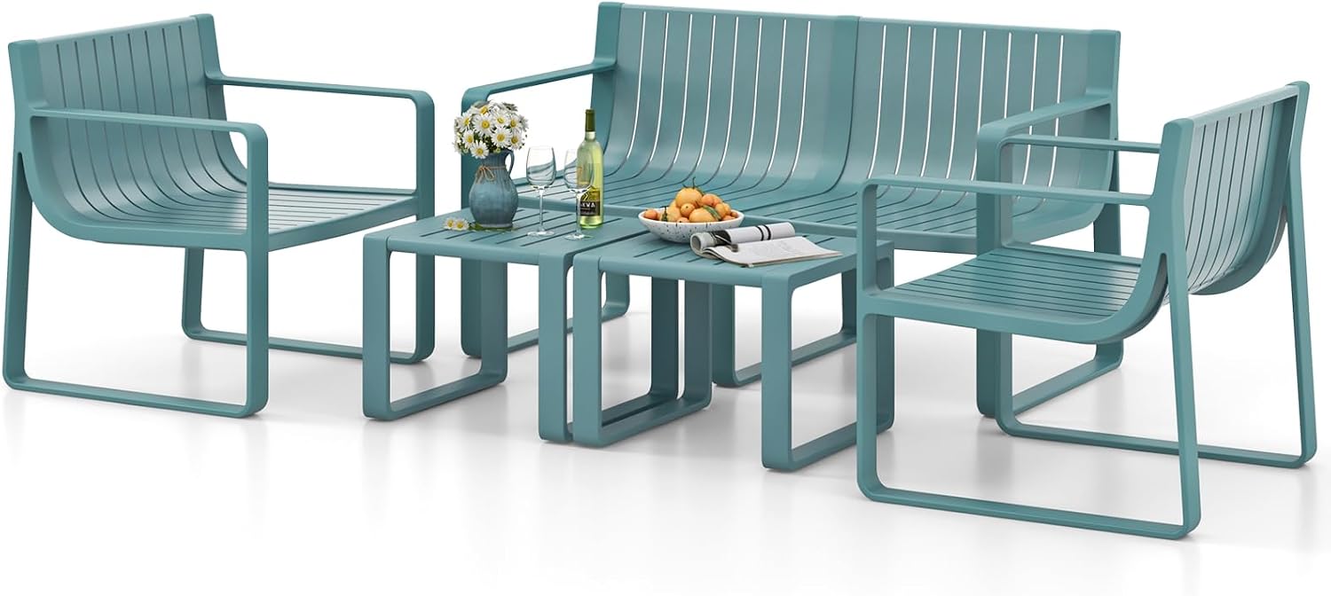 Tangkula 5-Piece Patio Furniture Set, Outdoor Conversation Set w/1 Loveseat, 2 Patio Chairs & 2 Side Tables, All-Weather Patio Bistro Set for Lawn, Backyard, Poolside, Balcony, Garden, Deck (Blue)