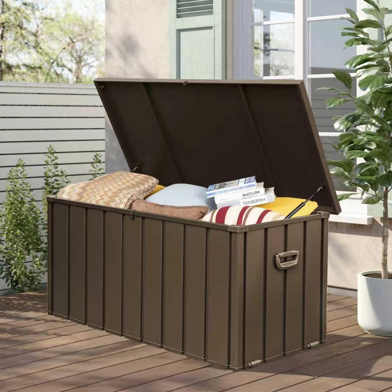 Domi 100 Gallon Deck Box, Metal Outdoor Storage Box with Lock Wheels, Waterproof Outside Storage Box for Patio Cushions
