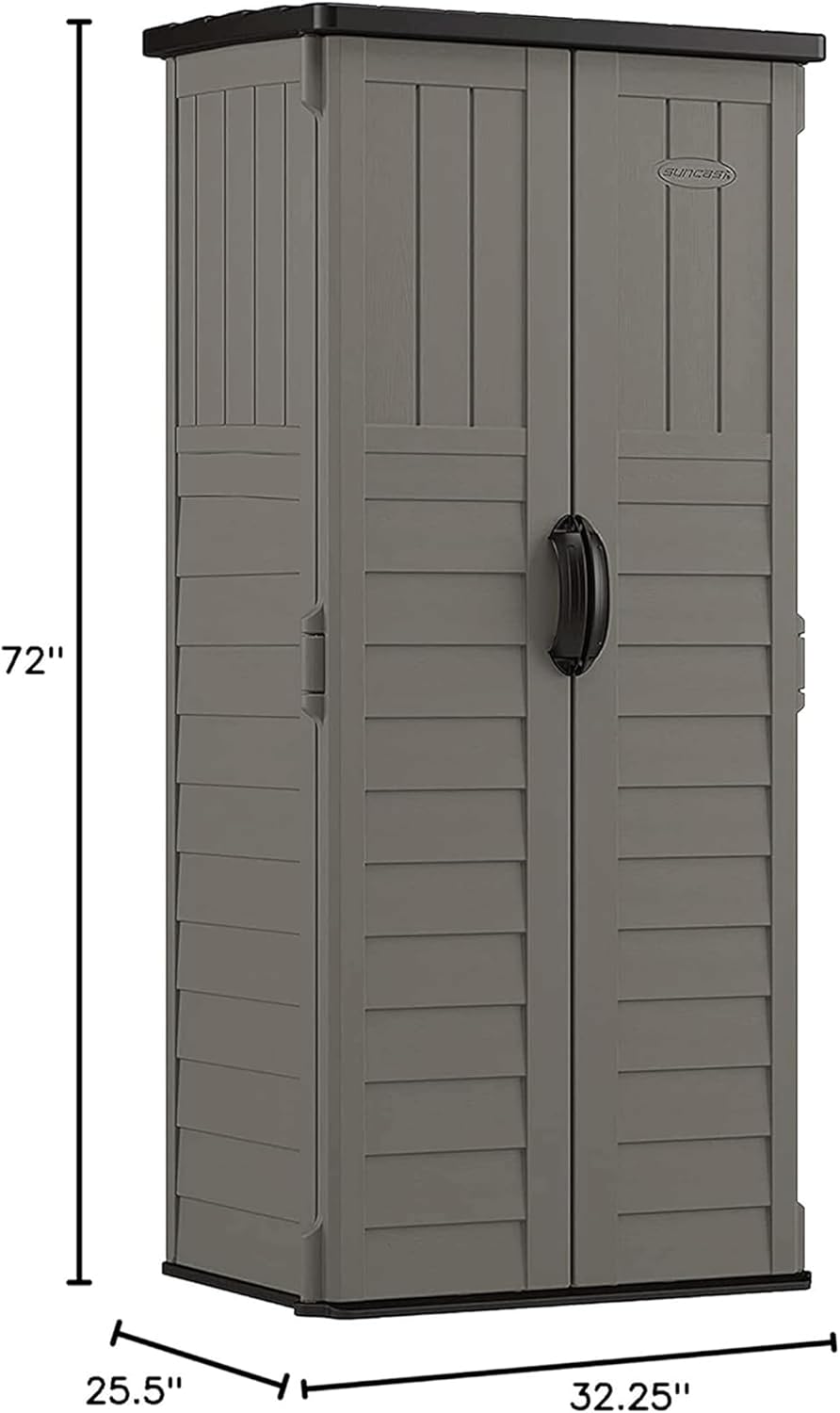Suncast 22 Cubic Ft. Vertical Resin Outdoor Storage Shed with Lockable Double Doors, Weather-Resistant Multi-Wall Panels, Stoney
