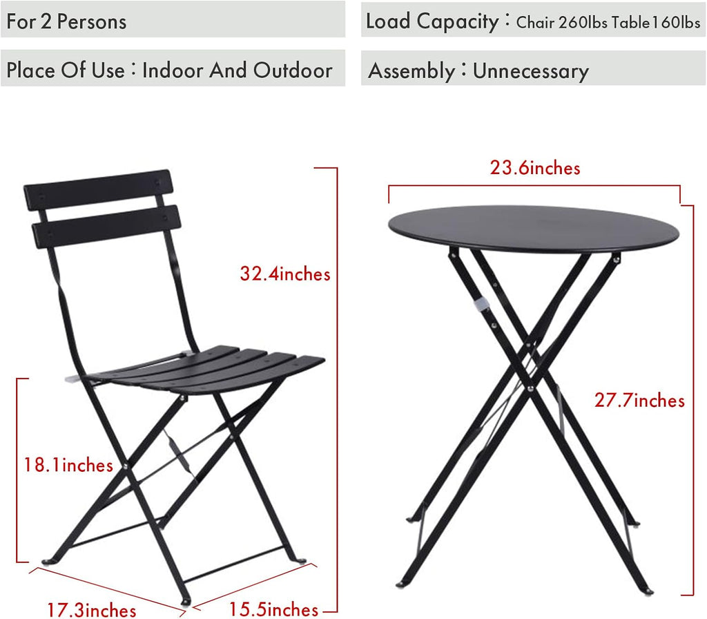 Indoor/Outdoor 3-Piece Foldable Bistro Set, Folding Outdoor Patio Furniture Sets, 2 Chairs and 1 Table, Weather-Resistant Outdoor/Indoor Conversation Set for Patio (Red)