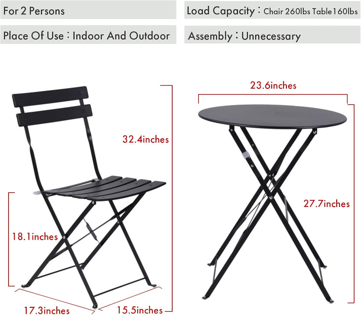 Indoor/Outdoor 3-Piece Foldable Bistro Set, Folding Outdoor Patio Furniture Sets, 2 Chairs and 1 Table, Weather-Resistant Outdoor/Indoor Conversation Set for Patio (Red)