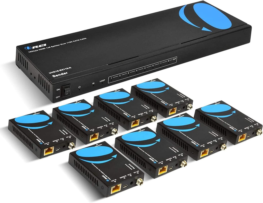 OREI 4K 1x8 HDMI Extender Splitter, Multiple Over Single Cable CAT6/7 4K@60Hz 4:4:4 HDCP 2.2 with IR Remote EDID Management - Up to 115 Ft - Loop Out - Low Latency - Full Support