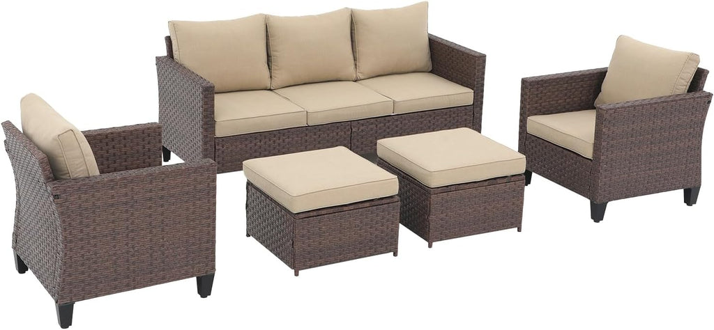 SUNSITT Outdoor Patio Furniture Set 5 Piece Wicker Conversation Set with Ottoman 3 Seat Sofa Couch with Club Chair, Brown Wicker & Beige Cushion