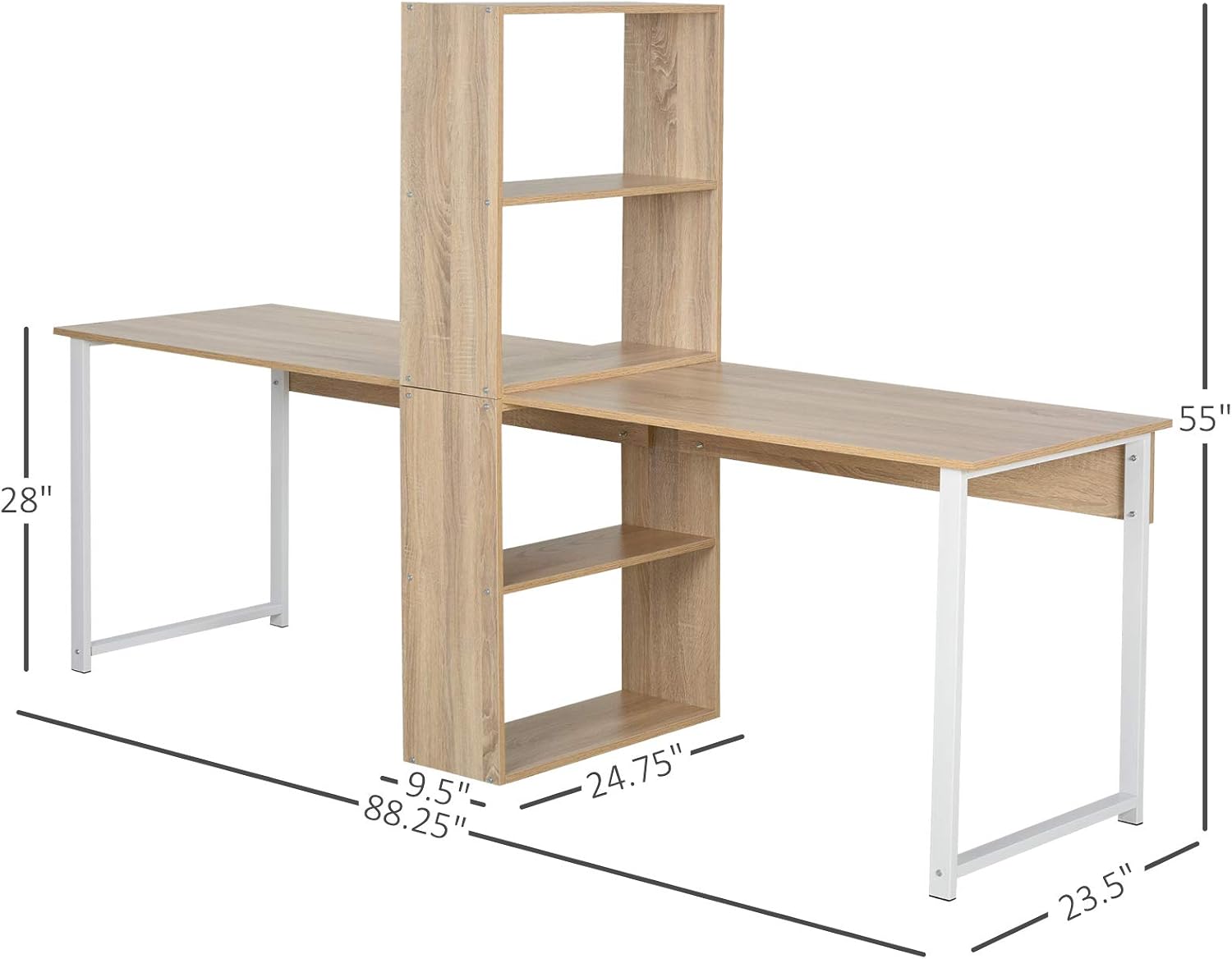 HOMCOM 88' Extra Long 2-Person Computer Desk with Storage Shelves Combo, Double Workstation Storage Study Writing Table for Home Office, Bookshelf, Natural Wood Color