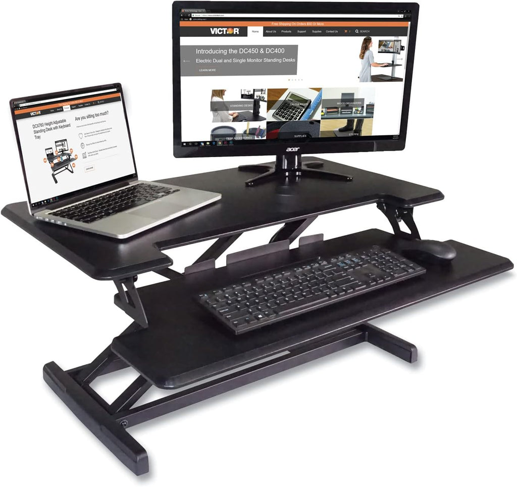 Victor DCX610 Height Adjustable Compact Standing Desk| Black| 33' Wide Sit-Stand Dual Monitor Desk and Laptop Riser Workstation| Compatible with Most Monitor Arms