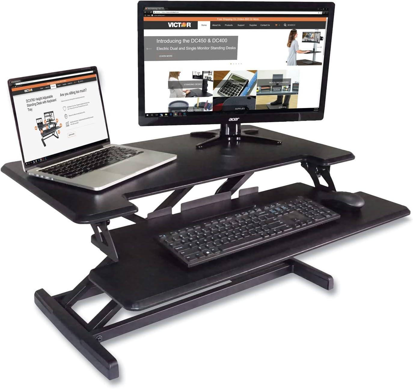 Victor DCX610 Height Adjustable Compact Standing Desk| Black| 33' Wide Sit-Stand Dual Monitor Desk and Laptop Riser Workstation| Compatible with Most Monitor Arms