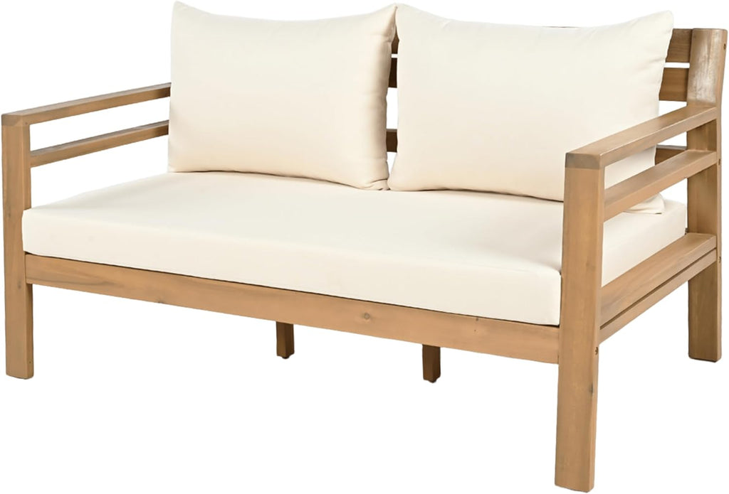 Christopher Knight Home Jamaia 2 Pieces Acacia Furniture Set, Patio Conversation Chat 2-Seat Sofa Set with Coffee Table, Outdoor Acacia Loveseat Set for Garden Porch Backyard Balcony, Light Teak+Beige