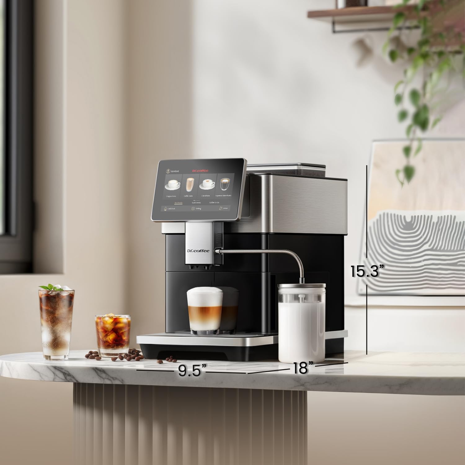 DR. COFFEE H3 Fully Automatic Espresso Machine with Milk Frother-15 Barista Drinks, Bean to Cup Coffee Machine, Auto-Clean Coffee Maker, 100% Ceramic Grinder for Home & Office