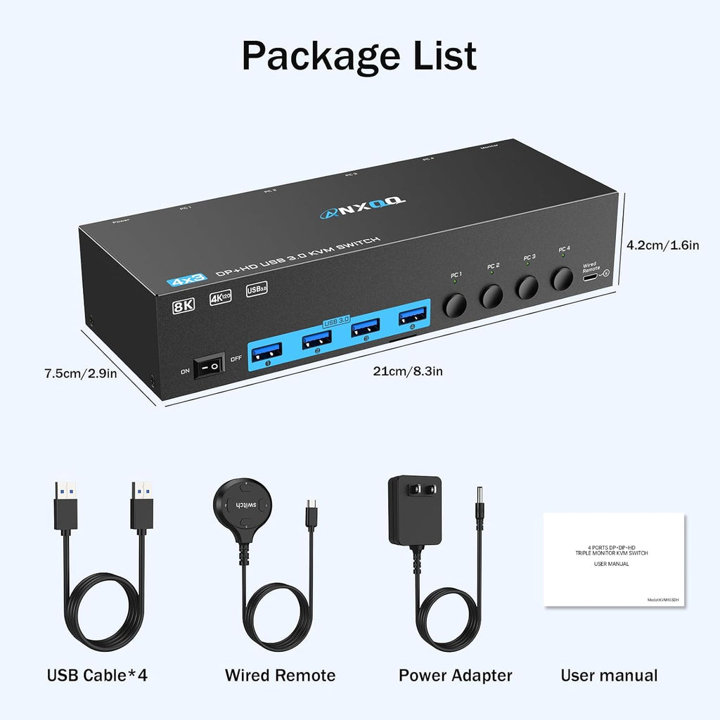 8K@60Hz/4K@144Hz KVM Switch 4 Computers 3 Monitors, ANXQQ HDMI KVM Switch Displayport Share 4 USB 3.0 Devices, Support Mirror/Extended Mode, with 4 USB Cables, Wired Remote and Power Adapter