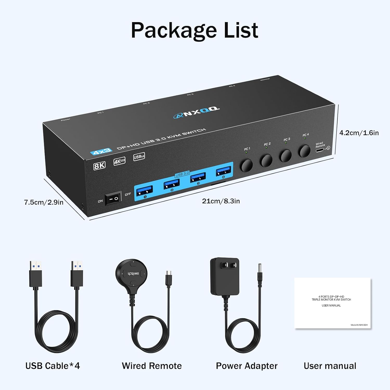 8K@60Hz/4K@144Hz KVM Switch 4 Computers 3 Monitors, ANXQQ HDMI KVM Switch Displayport Share 4 USB 3.0 Devices, Support Mirror/Extended Mode, with 4 USB Cables, Wired Remote and Power Adapter