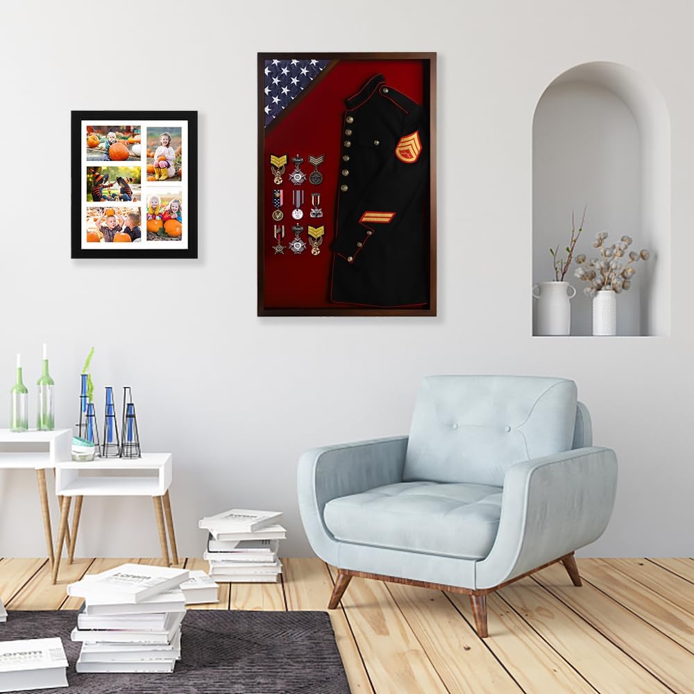Flag Display Case Military Uniform Shadow Box Fits a Folded 3'x5' Army Navy Air Force Veterans Home Flown Flag with Police Uniform Jacket Display and Felt Lining for Badges and Medals, Walnut Finish