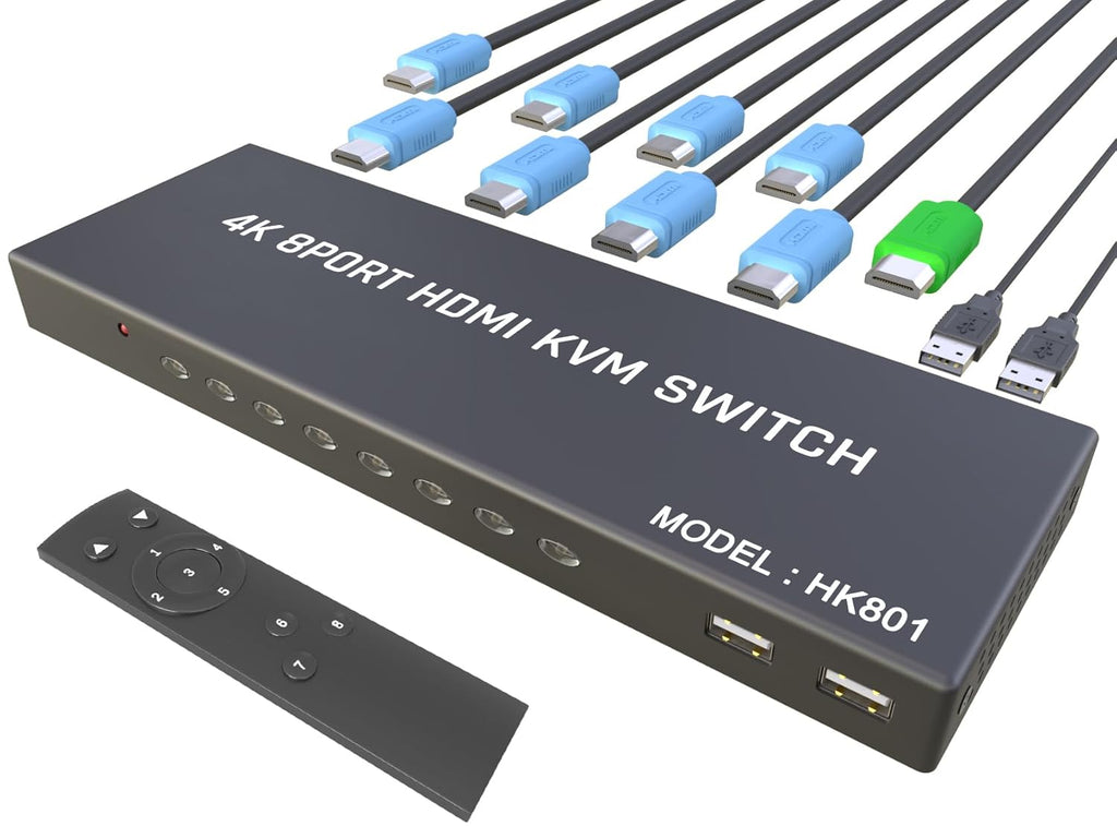 KVM Switch HDMI 8 Port - HDMI Switch with Remote- USB Switch Selector for 8 Computers Share Keyboard Mouse Printer,Flash Drive,HD Monitor, Support 4K@60Hz, 8 KVM Cables 1 Remote Included
