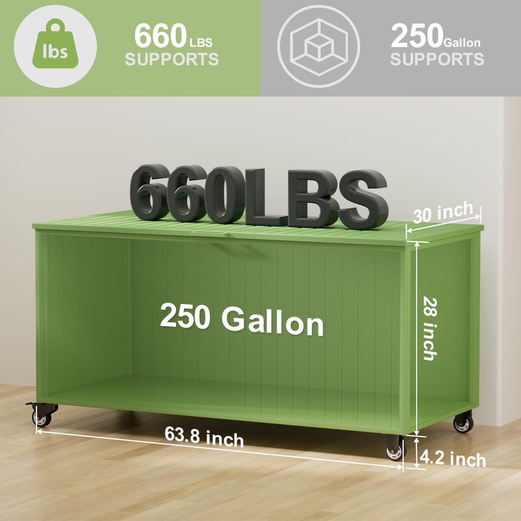 Outdoor Storage Box with Wheels 250 Gallon, Metal Deck Boxes Waterproof, UV Resistant Patio Storage Box with Lid for Patio Furniture, Garden Tools (Green)