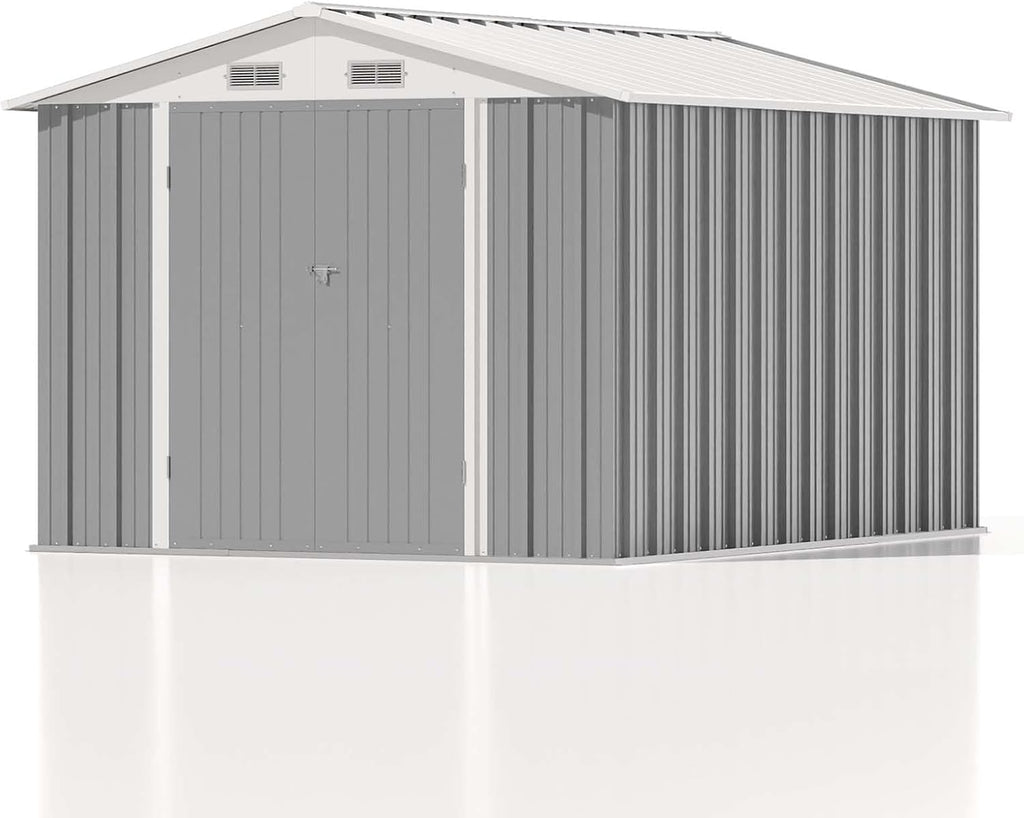 Patiowell 8x10 FT Outdoor Storage Shed, Large Garden Tool Metal Shed with Sloping Roof and Double Lockable Door, Outdoor Sheds for Backyard Garden Patio Lawn,Grey