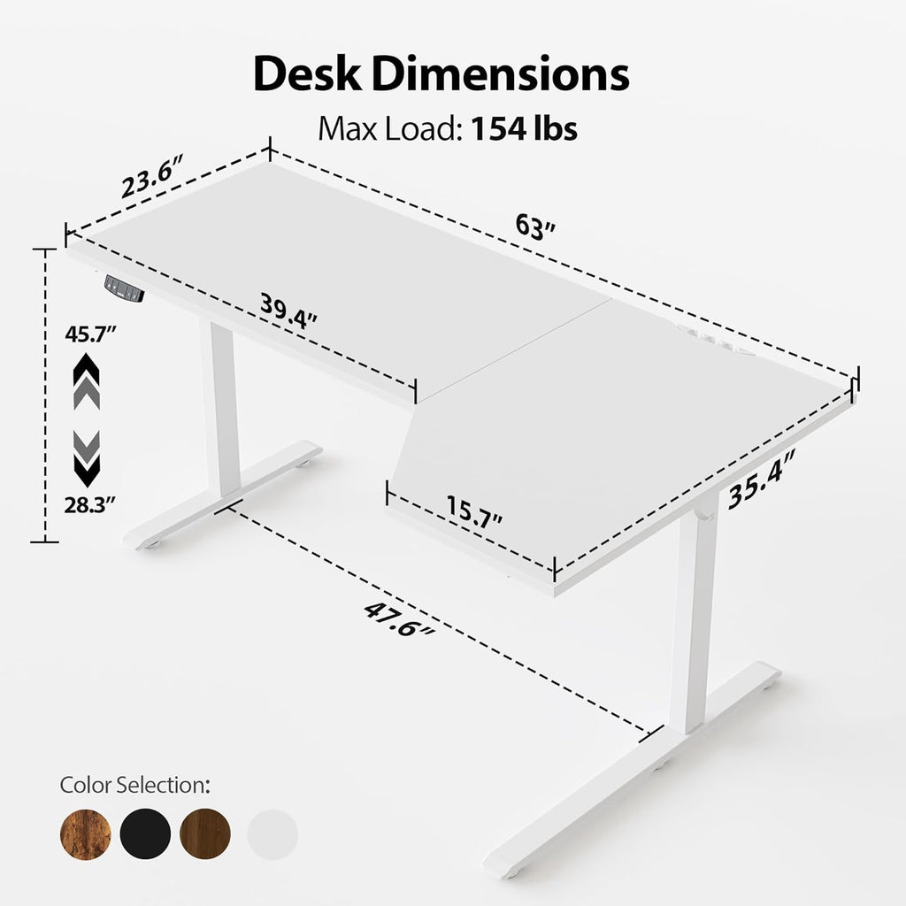Agilestic Electric Standing Desk, Height Adjustable Desk, 63 x 35 Inch Sit Stand up for Work Office Home, L Shaped Ergonomic Rising Computer Table with Memory Preset, White