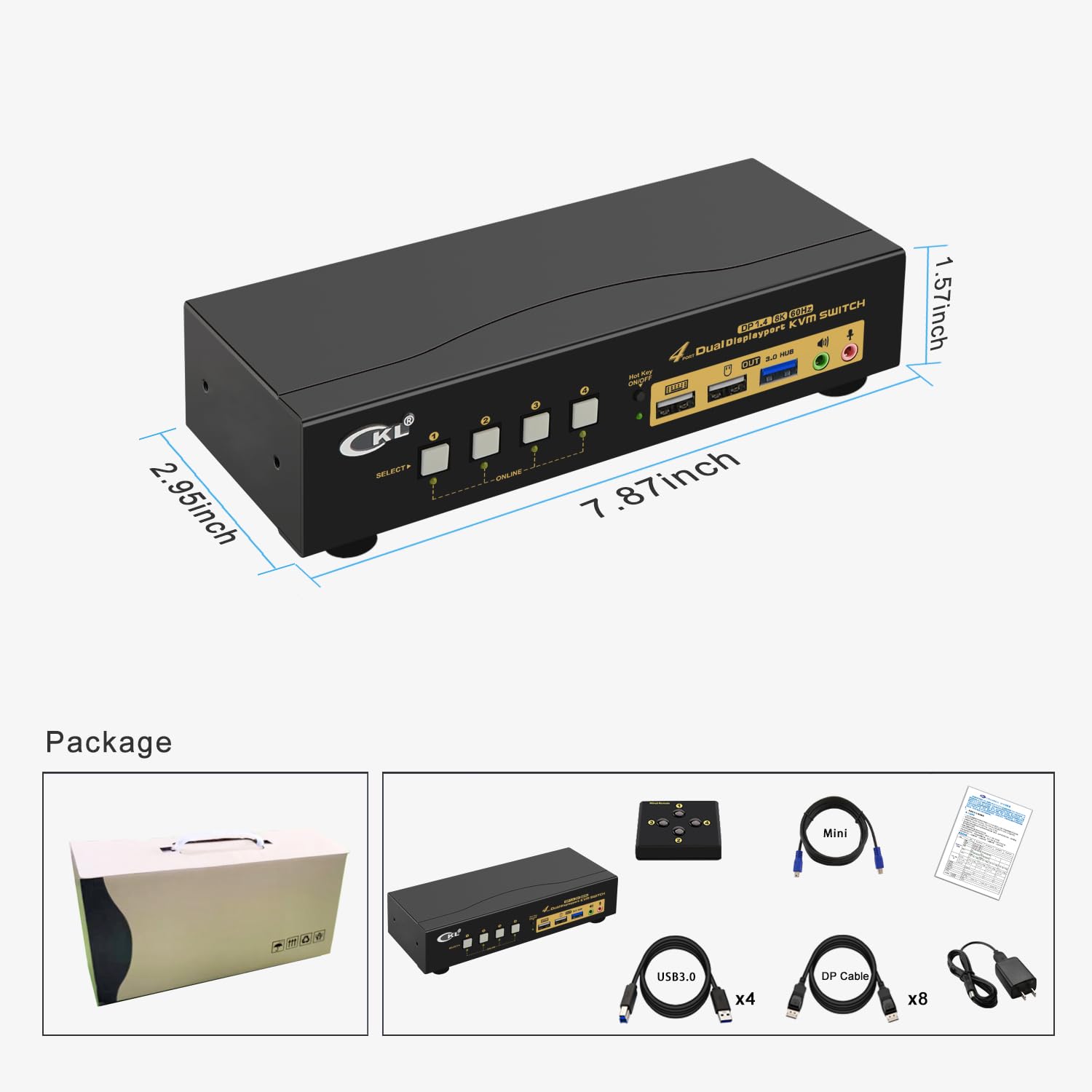 CKL KVM Switch DisplayPort 1.4 8K@30Hz 5K@60Hz 4K@144Hz(4 Computers 2 Monitors)