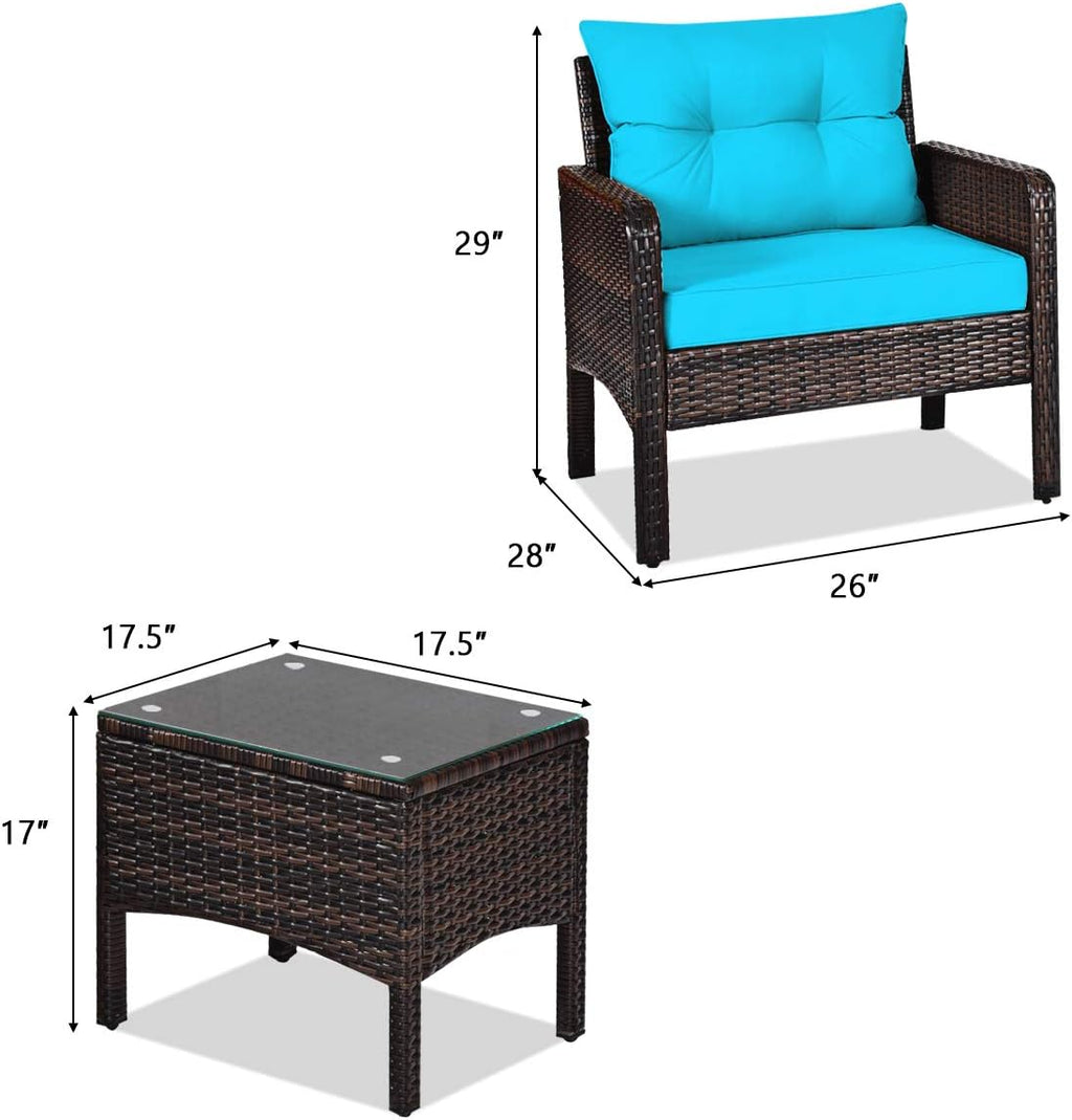 COSTWAY 3PCS Patio Furniture Set, Outdoor Wicker Cushioned Sofa Set with Coffee Table, All Weather Rattan Conversation Set for Garden Balcony Backyard Poolside Lawn, Turquoise