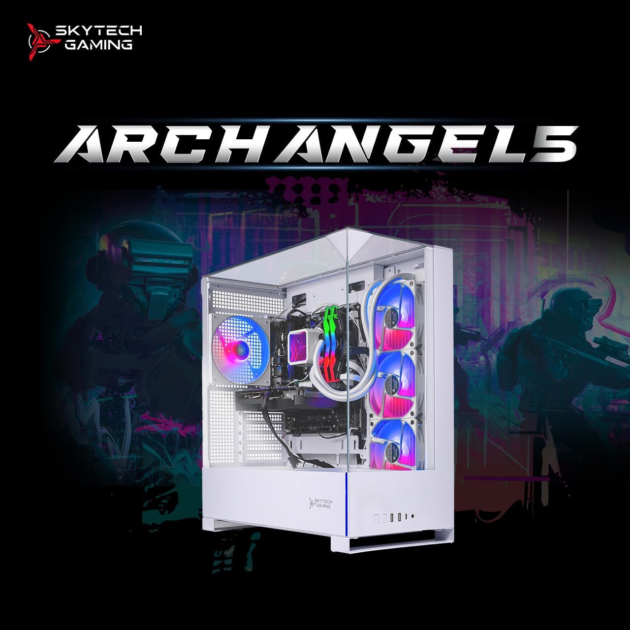 Skytech Gaming Archangel 5 Gaming PC, AMD Ryzen 7 9700X 3.8GHz, NVIDIA RTX 5070 12GB, 1TB Gen4 NVMe SSD, 32GB DDR5 RAM 6000, 750W Gold PSU, 360 ARGB AIO, Wi-Fi, Win 11, Desktop