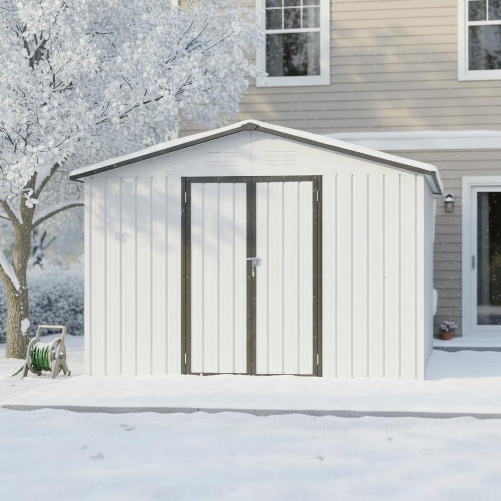 10x12 FT Sheds & Outdoor Storage,Metal Aluminum Garden Shed,with Punched Vents,Waterproof Cabinet w/Hinged Door and Padlock,Tool House for Storing Bicycles,Lawnmowers,Barbeques,White+Grey