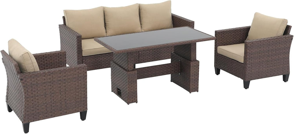 SUNSITT Outdoor Patio Furniture Set 4 Piece Wicker Conversation Set with Lift Coffee Table Sectional Dining Set 3 Seat Sofa Couch with Club Chair, Brown Wicker & Beige Cushion