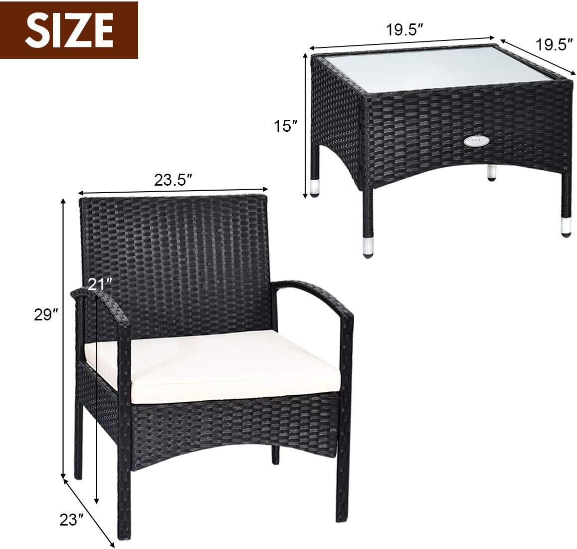 HAPPYGRILL 3PCS Patio Furniture Set Rattan Wicker Bistro Set with Glass Coffee Table & Soft Cushions for Balcony Garden Poolside