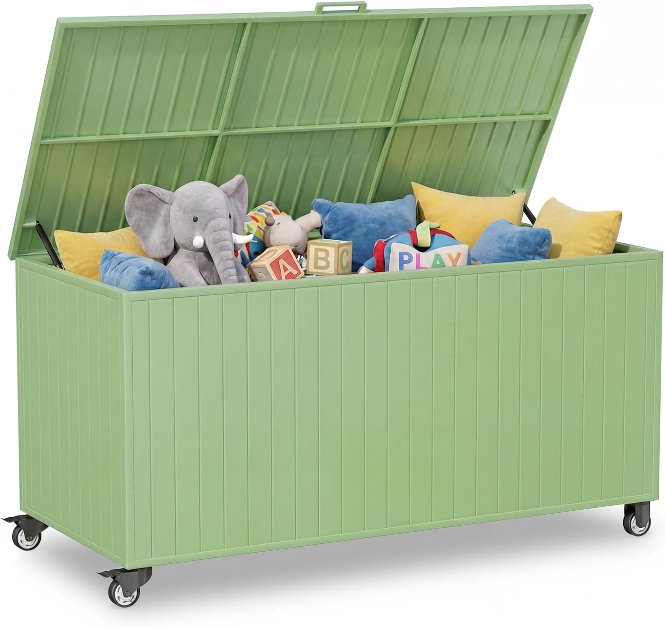 Outdoor Storage Box with Wheels 250 Gallon, Metal Deck Boxes Waterproof, UV Resistant Patio Storage Box with Lid for Patio Furniture, Garden Tools (Green)